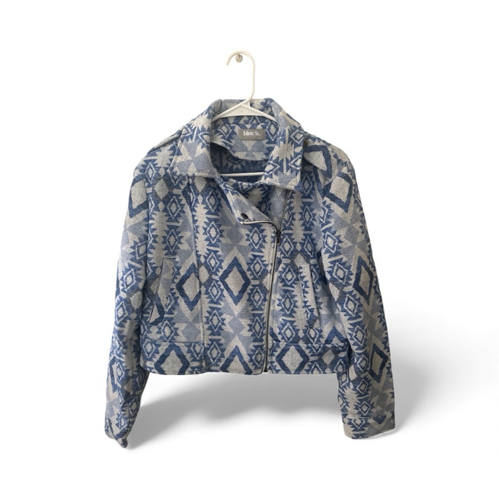 Blue B Concepts Blue and Gray Geometric Bomber Jacket-Sz Large